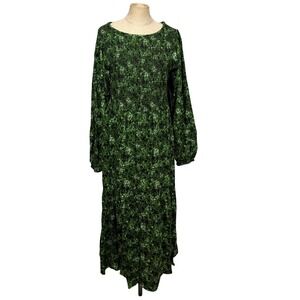 NWT Ellos Women M 14/16 Plus Smocked Bodice Midi Dress Green Floral Blouson Boho